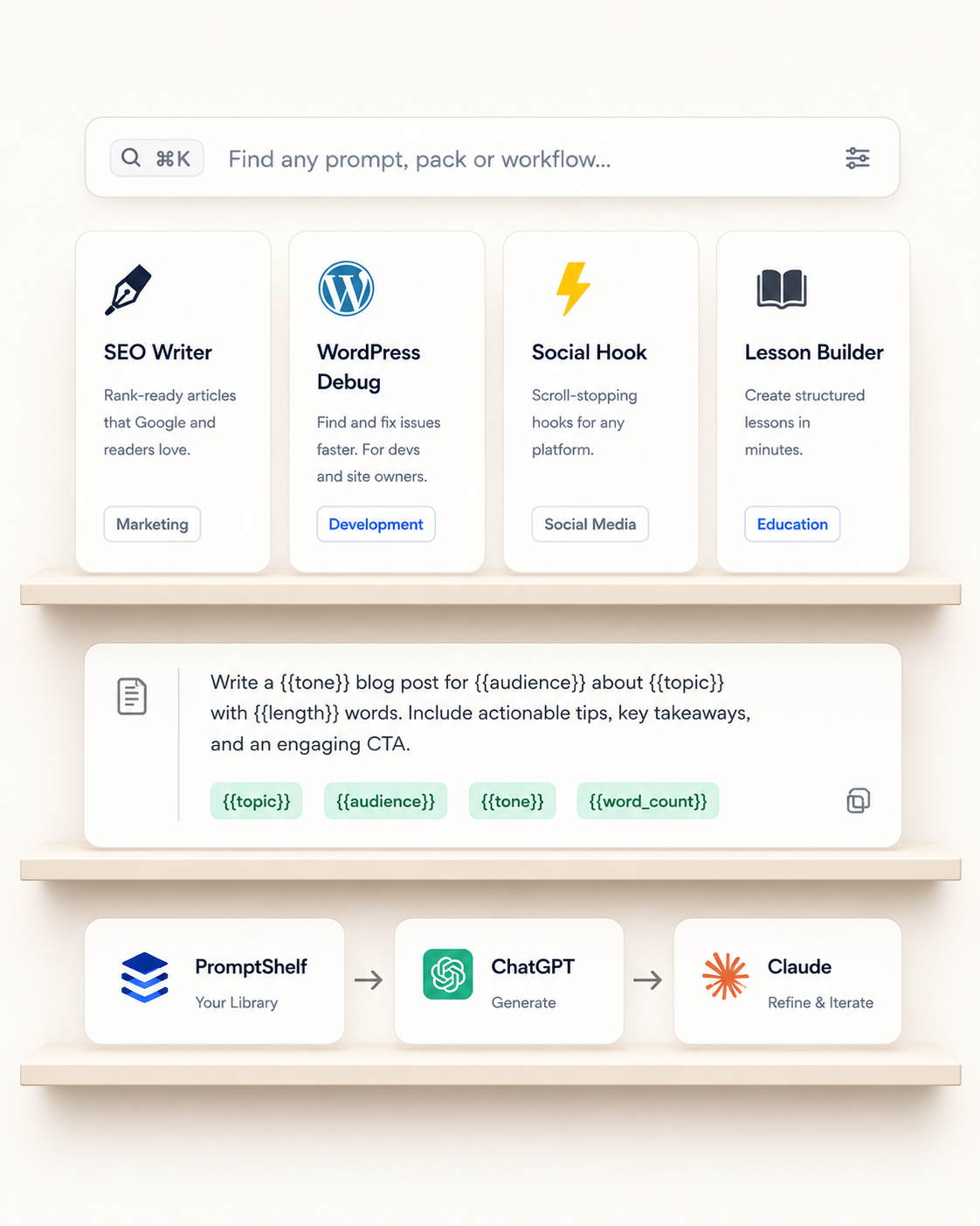 PromptShelf shelf: a command search bar, saved prompt cards, a template with variables, and a ChatGPT-to-Claude workflow